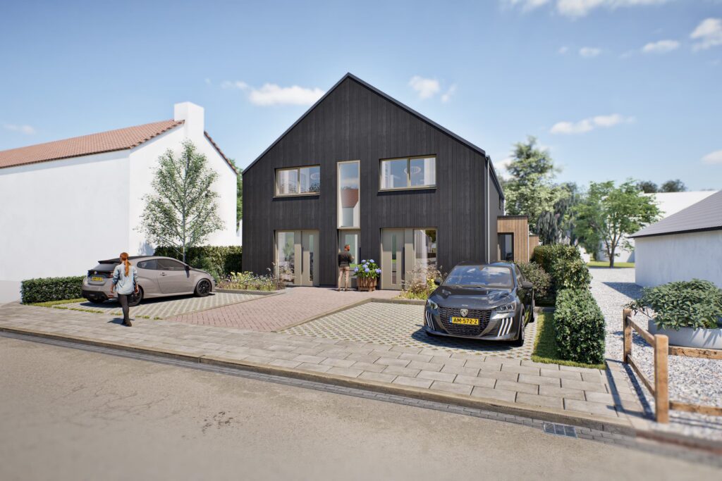 Impressie van een eigentijds woongebouw met vier appartementen aan de Industrieweg in Amerongen, met een donkere houten gevel, twee parkeerplaatsen en groene voortuinen.