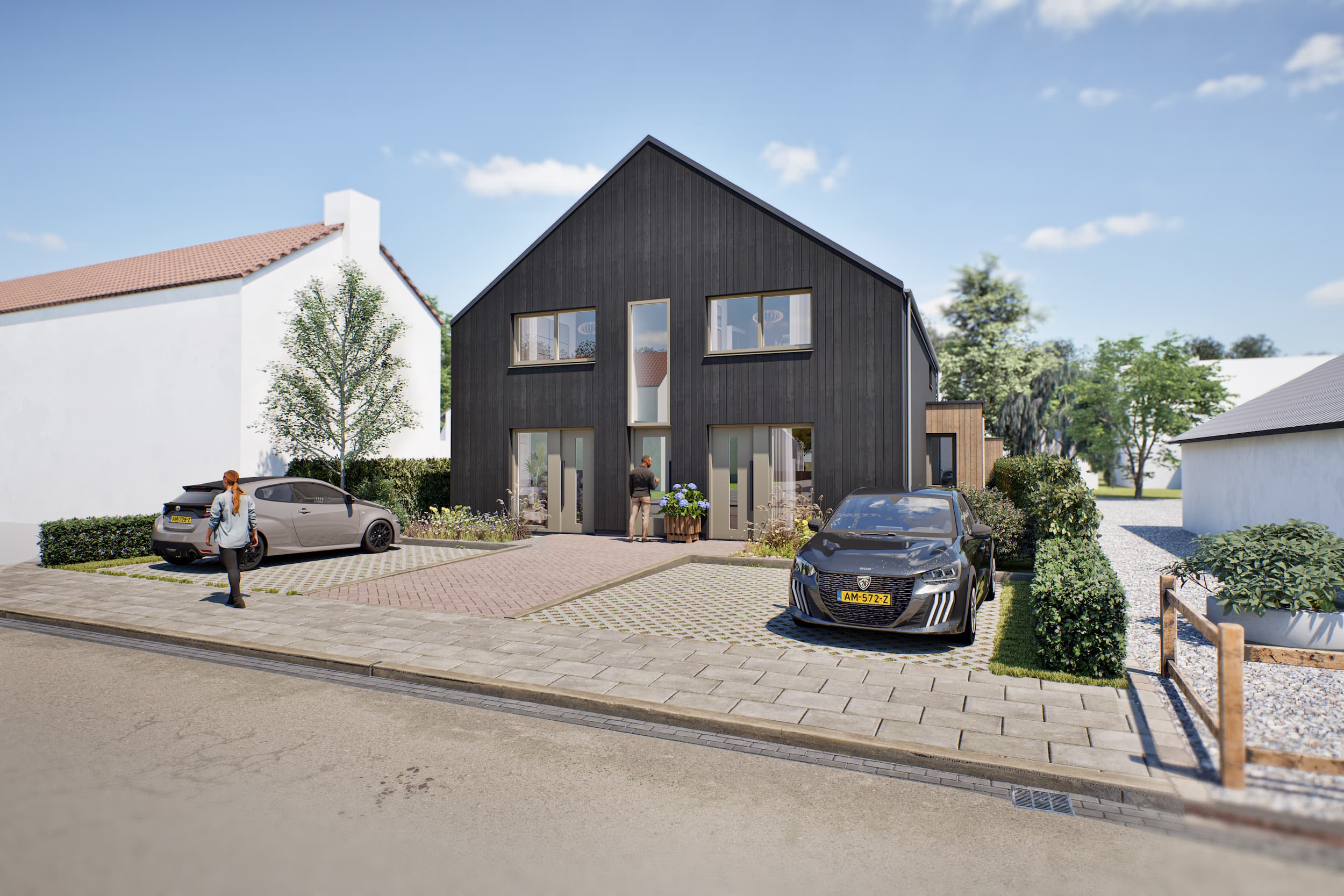 Impressie van een eigentijds woongebouw met vier appartementen aan de Industrieweg in Amerongen, met een donkere houten gevel, twee parkeerplaatsen en groene voortuinen.