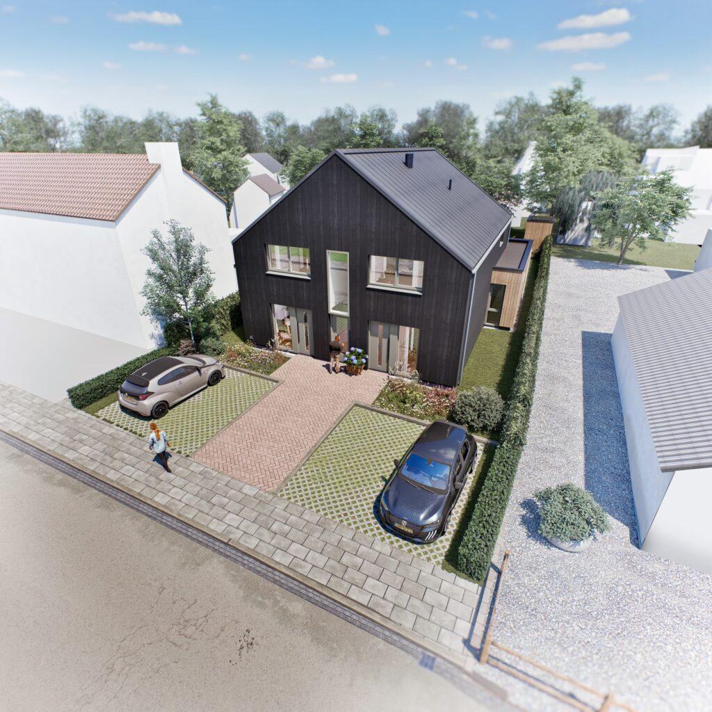 Impressie van een eigentijds woongebouw met vier appartementen aan de Industrieweg in Amerongen, met een donkere houten gevel, twee parkeerplaatsen en groene voortuinen.