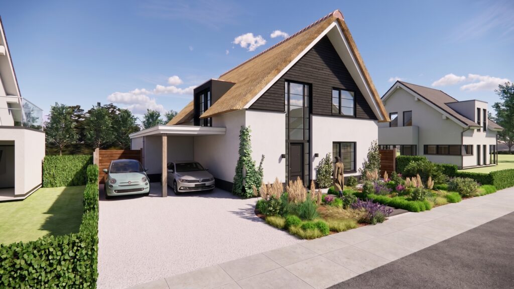 Moderne landelijke woning met karakteristieke rieten kap en stijlvolle architectuur.