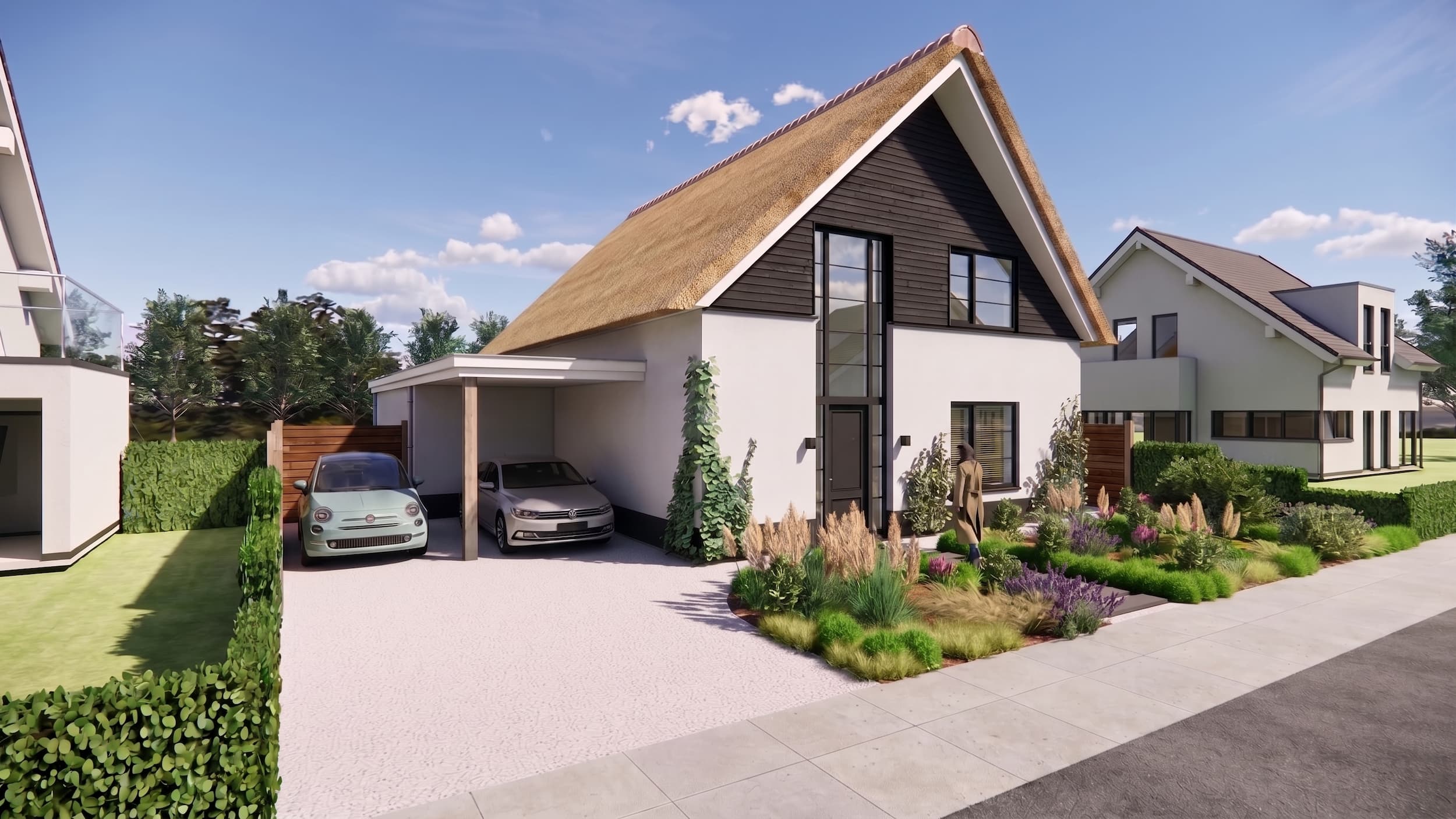 Moderne landelijke woning met karakteristieke rieten kap en stijlvolle architectuur.