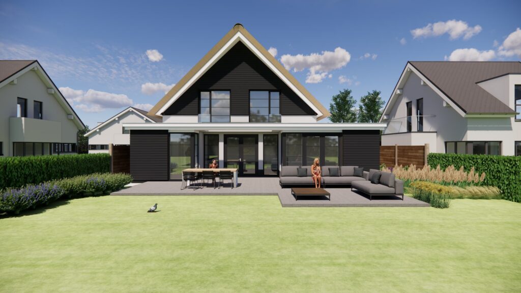 Moderne landelijke woning met karakteristieke rieten kap en stijlvolle architectuur.