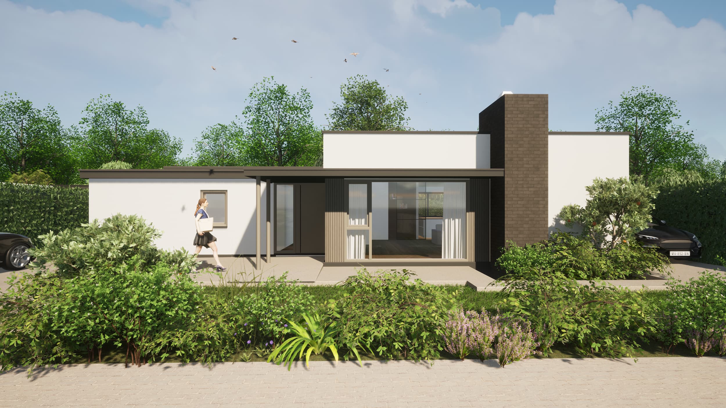 3D-visualisatie van de grondige modernisering van een bungalow in Leusden, met een nieuwe uitbouw aan de achterzijde, grote glaspartijen naar de tuin en een vernieuwde gevel.