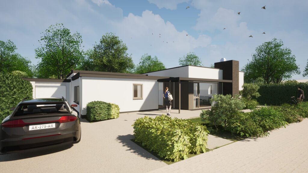 3D-visualisatie van de grondige modernisering van een bungalow in Leusden, met een nieuwe uitbouw aan de achterzijde, grote glaspartijen naar de tuin en een vernieuwde gevel.