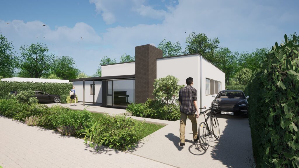 3D-visualisatie van de grondige modernisering van een bungalow in Leusden, met een nieuwe uitbouw aan de achterzijde, grote glaspartijen naar de tuin en een vernieuwde gevel.