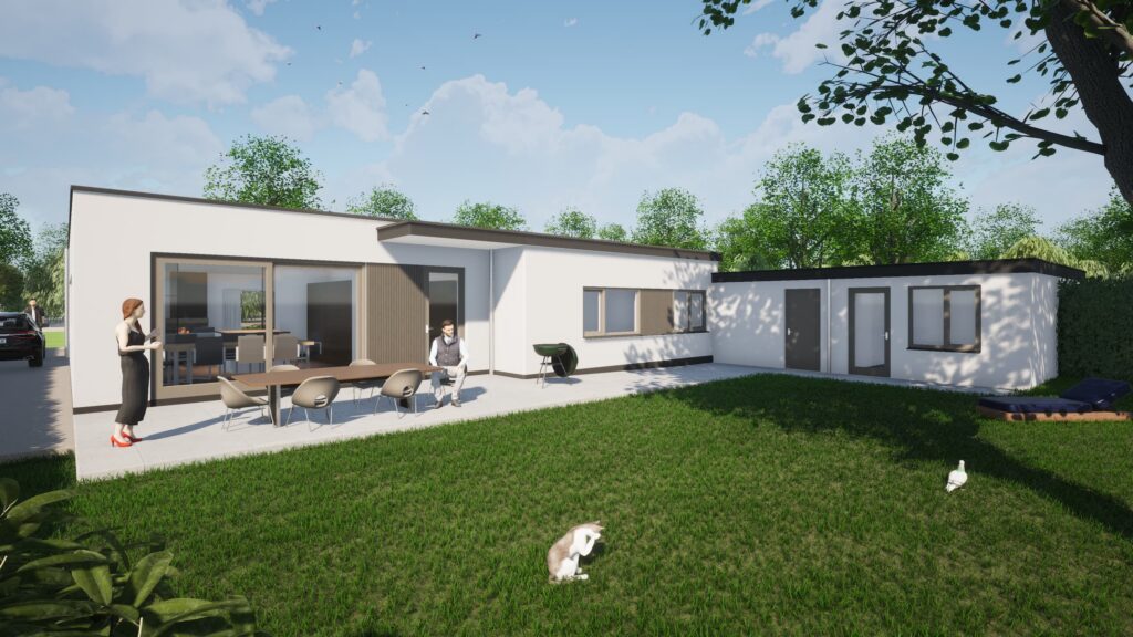 3D-visualisatie van de grondige modernisering van een bungalow in Leusden, met een nieuwe uitbouw aan de achterzijde, grote glaspartijen naar de tuin en een vernieuwde gevel.